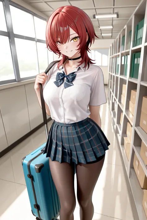 NSFW,masterpiece,Highest quality,High Resolution,very detailed, boyish girl,high school girl, red hair ,medium hair,wolf cut,clavicle,with golden eyes,choker,uniform,ribbons,miniskirt,チェックのminiskirt,leggings shorts,Indoor shoes, Smile,schools,physical educ...