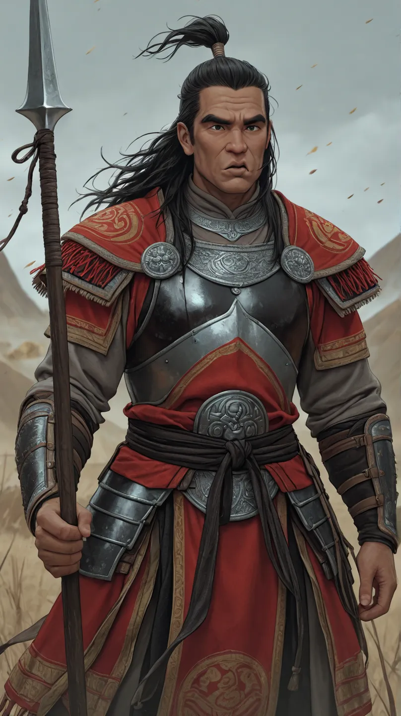 "A modern illustration of Jangar, the ruler of Bumba. A Korean warrior with Asian features, similar to Genghis Khan's warrior. His long, loose hair is blowing in the wind, and his expression is wise and determined. He is wearing traditional Mongolian armor...