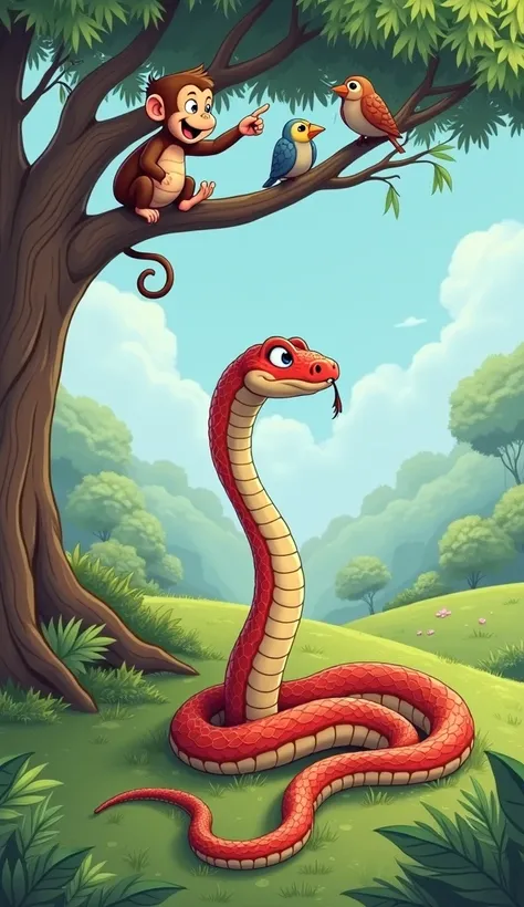 HD illustration 3d Rendered , dynamic , comic, animation style : The cute midium size snake is moving in zig zag not straight on a bed of grass. The monkey laughing and pointing at the snake from a tree. The snake, looking up, sighs in frustration while co...