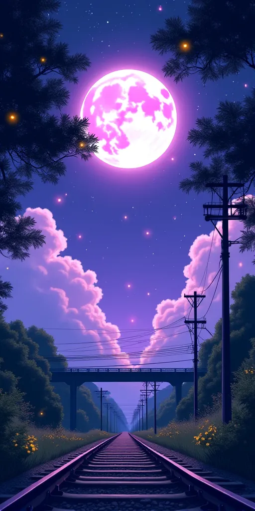 A beautifully illustrated anime-style night scene featuring a glowing full moon, a deep purple starry sky, and soft dreamy clouds. The scene is framed by detailed, silhouetted tree branches with small glowing fireflies. A railway bridge extends into the di...