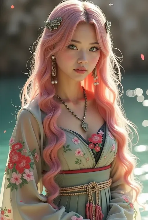 A woman with Japanese features, with long pink hair, green eyes, wearing a black hanfu with red flowers.