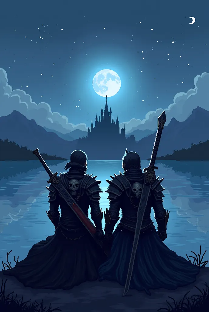 I want you to make two medieval warriors in the dark fantasy style, looking at the horizon with a castle at night, one wearing beautiful armor, katana and a skull mask, and the other with armor like that of the final boss of ds3 and a big sword, the two ar...