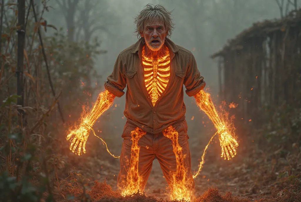 a man, farmer, At, shoes. His hair is burning,  mouth , eyes open. his skeleton lights up. He holds a cord.