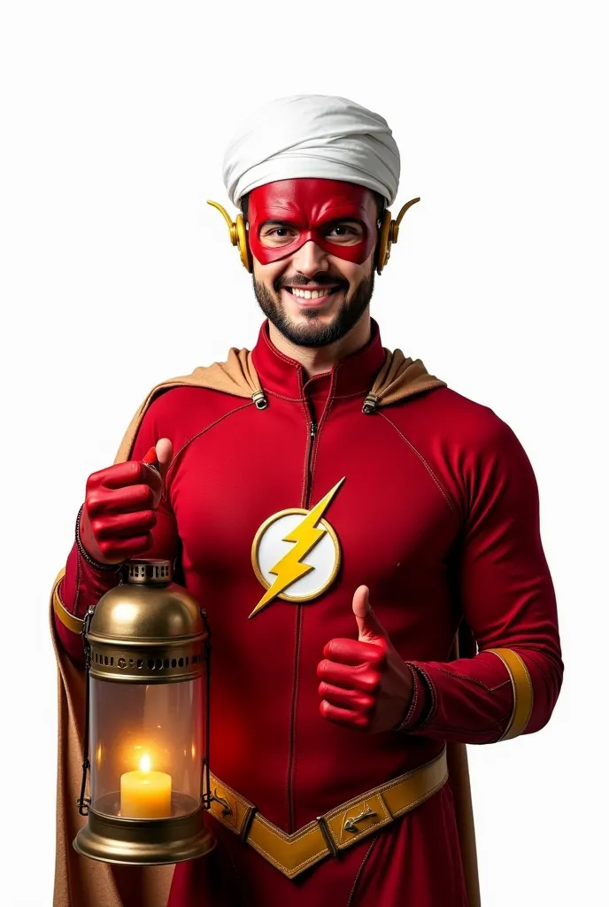 "I want you to generate an image of the superhero Flash, known for his red suit and lightning-fast speed, wearing traditional Ramadan attire and holding a Ramadan lantern in his hand. He should have a smile on his face, and the background should be complet...