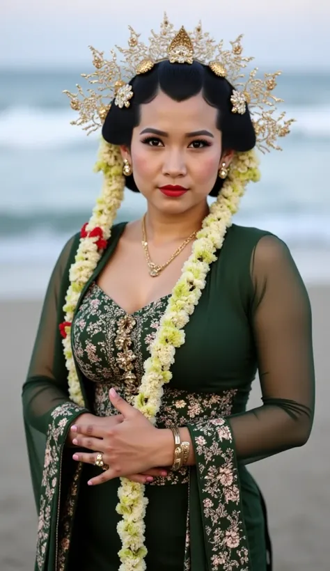 shot with Nikon D70, indonesian lady 18 years old, brown skin, pale face, wear traditional crown, natural, no make up, detailed on face, visible breastline, wear green kebaya, very tight dress. wear dark green long shawl shoulder, tight javanese kebaya, lo...