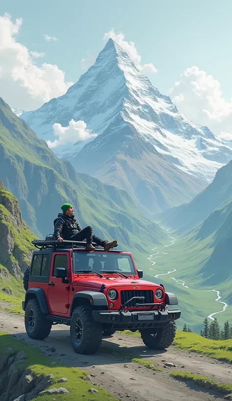 An anime style A breathtaking high-altitude landscape featuring a snow-capped mountain partially veiled in mist. A rugged adventurer, dressed in a black winter jacket, black pants, and sturdy boots, lies comfortably on the hood of a red SUV, gazing at the ...