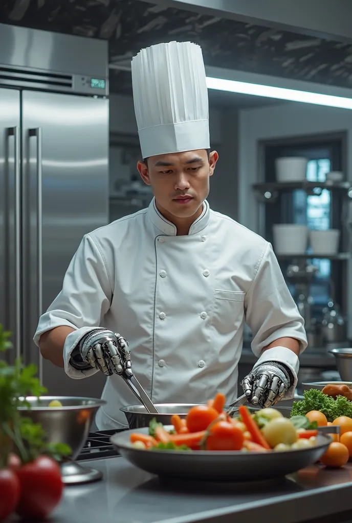 A chef in the kitchen cooking with a robot behind them there are a two doors fridges