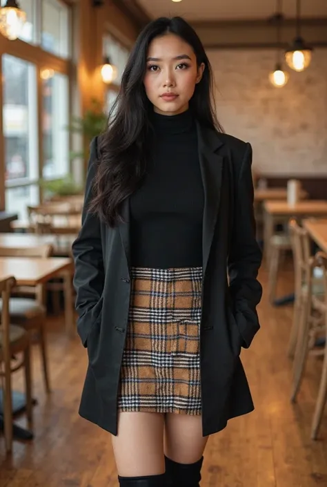 A young woman, light-skinned, mid-20s, is centrally positioned in a medium-shot.  She is wearing a black turtleneck top, a black blazer jacket, and a brown and navy plaid mini-skirt.  She has long, black hair styled in loose waves.  Her facial expression i...