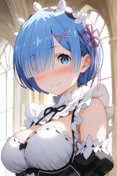 1girl,solo,rem,roswaal mansion maid uniform,short hair,maid,hair over one eye,one eye visible,perfect eyes,hair ornament,detached sleeves,x hair ornament,ribbon,aid headdress,(large breasts:1.3),(masterpiece:1.2),(ultra detailed:1.2),(best quality:1.2),(ex...