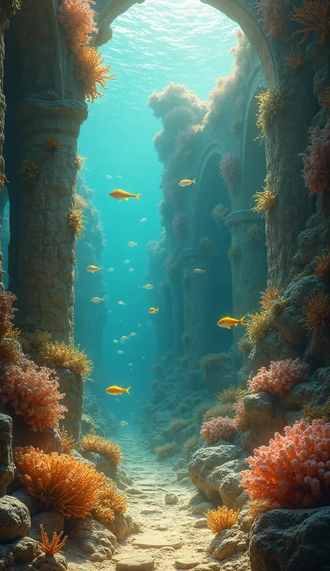 "An underwater view of the Persian Gulf, with ancient ruins covered in corals and fish swimming around. The water has a golden, ethereal glow, suggesting a divine mystery."