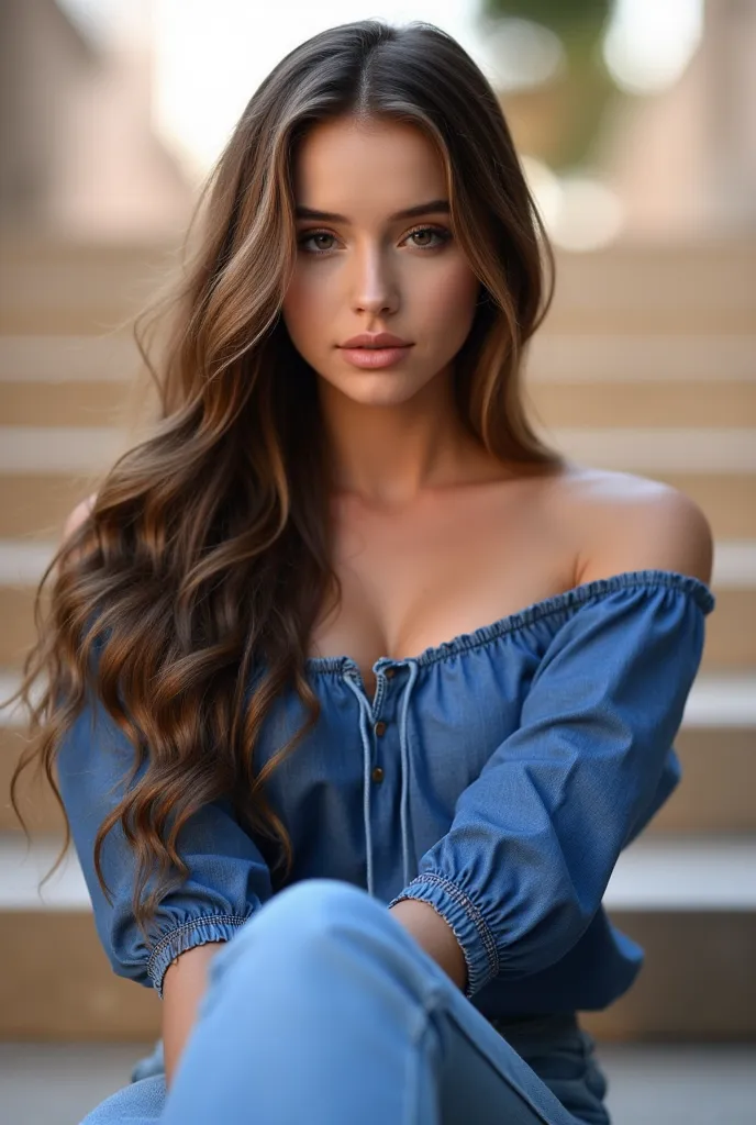  woman sitting on stairs . Has a blue blouse on.  and jeans . She also wears sneakers.  style photorealistic ,  sharp focus, very detailed, sunlight, Detail