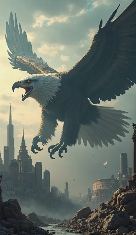 "A cinematic collage of colossal titan animals, each dominating their homeland in a post-apocalyptic setting. A steel-winged bald eagle screeches above a stormy, ruined Washington D.C. A fiery-maned lion prowls over a shattered Johannesburg skyline. A marb...