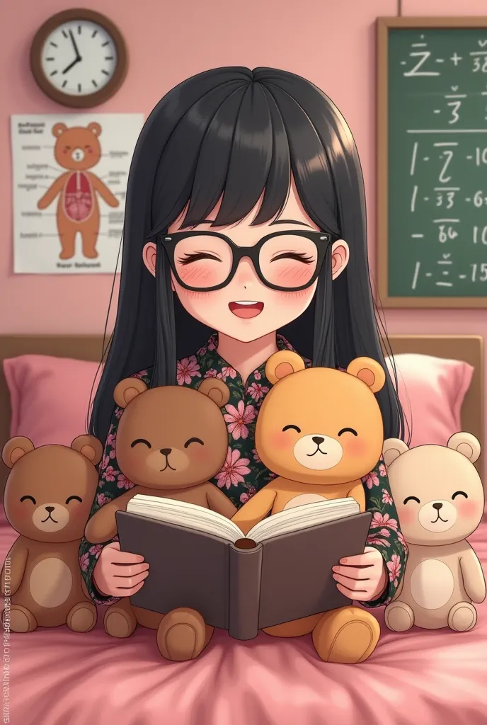 A lovely  wearing black framed glassess with black haired wearung floral kurung clothes , she is reading a book to her bears , there are many plushies on the front of her , she is sittung on her satin bed ,  she is teaching like a teacher , there are a clo...