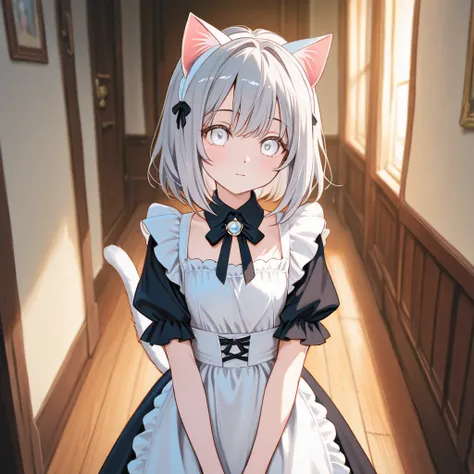 She  is a. girl with gray hair, white eye white cat tail , cat ears, a Maid outfit Blushing Anime 