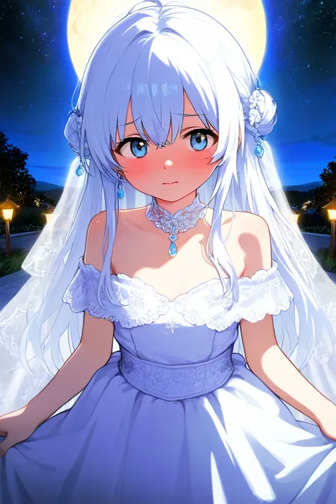  girl、 light blue eyes、 white hair、Bride attire、embarrassing、night、 outdoor、Chest exposed、Be confused、sex