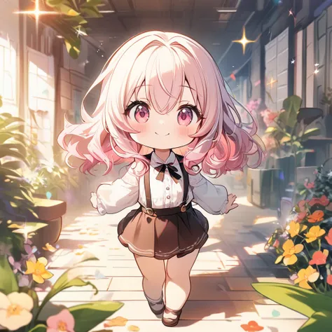 masterpiece, best quality, 4k、((2D illustration))、one beautiful girl、(((chibi style)))、solo、((cute chibi)), ((lens flare))、((sunbeam)), ((white light)), ((colorful))、((warm colors))、((long beautiful hair)), glossy light pink hair, gradient hair color, hair...