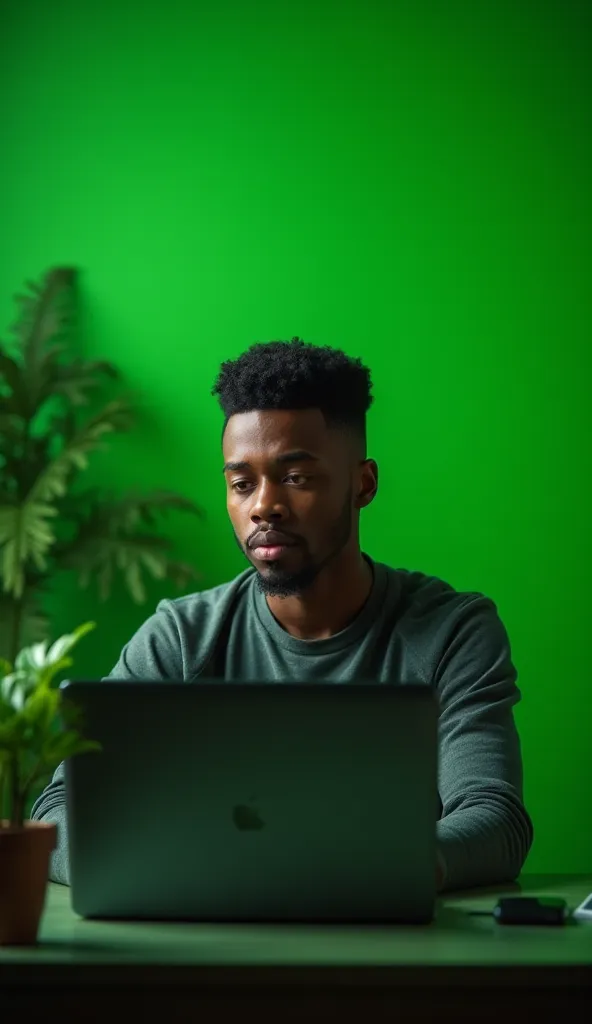 A 19-year-old black man sitting in front of his computer with a green background that fills the image