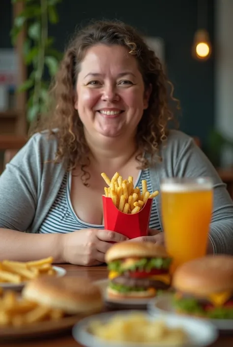 An 8K UHD image of an unhealthy lifestyle, with fast food, lack of exercise, and obesity, symbolizing type 2 diabetes. The scene is vibrant and impactful, with detailed textures of the food and the person's expression. The background is soft and blurry, em...