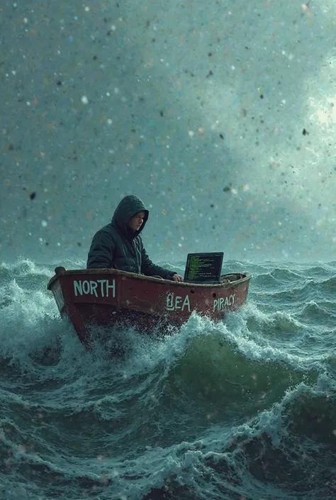 Create a picture of the frightening North Sea and make a boat on which there is a hacker with a ready -made laptop and make electronic piracy and make a slogan with the word Sea North