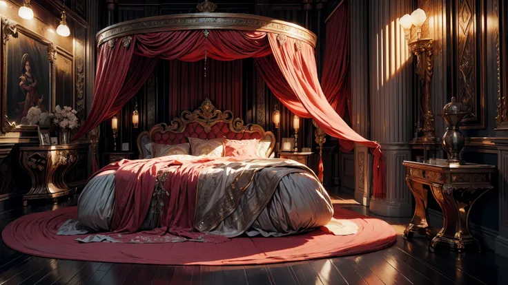 Best quality, masterpiece, ultra high res, raw photo, beautiful and aesthetic,deep shadow, fantasy theme,(ultra detailed:1.3), divine, royal bedroom, indoors, luxurious, canopy bed, full of curtains, pillows, jewelry, candlelight, queen chamber, pink room