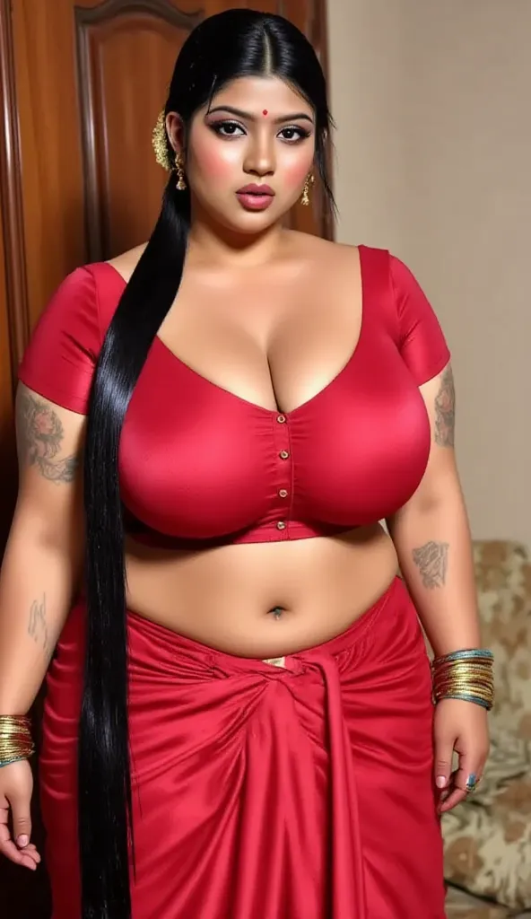   indian chubby women is wearing a full red long skirt, bedroom , red satin  front closer blouse,big Deep cleavage,big sexy chest,big ,detailed body and face, big bright eyes, charming, sexy, perfect anatomy, braid very long silky smooth oily detailed PONY...