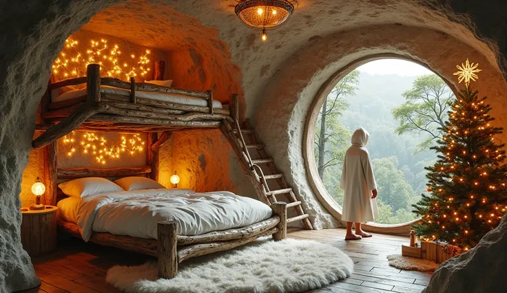 A large room with a cave-themed bed and a bunk bed, fireplace , rain out, night, cozy,  long hoodie , Reality , highly detailed, 8k,   crazy  , It is a, bedroom in golden wood unique fantasy style, and the 、 There is a bunk bed designed with natural golden...