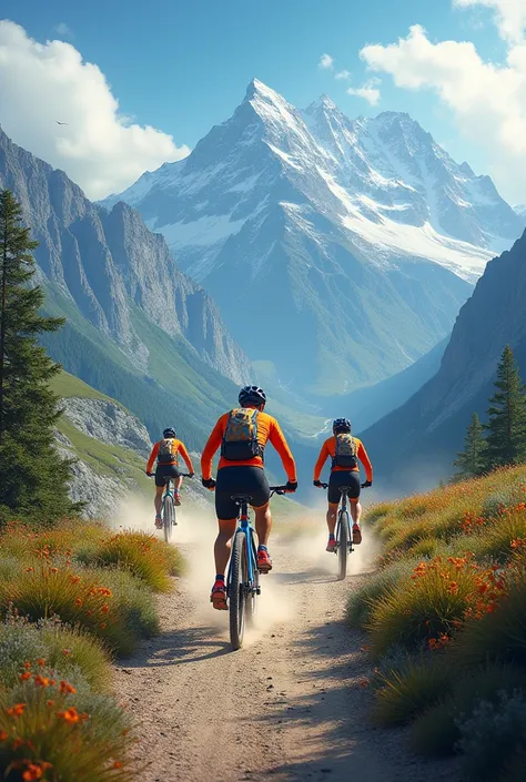 Image of cyclists with mountain bikes on their backs pedaling towards the horizon