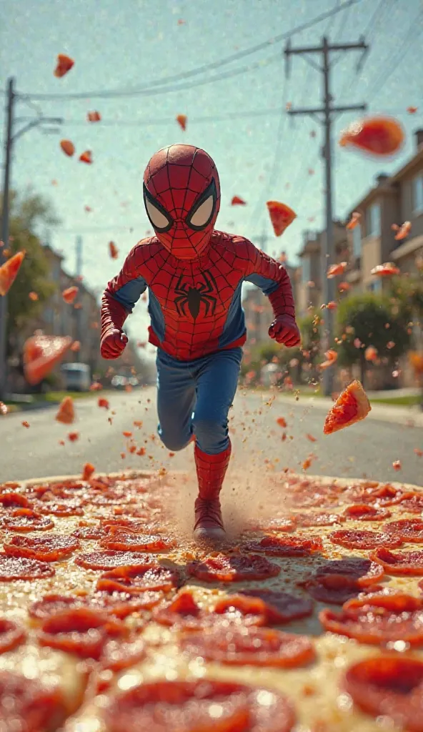 

Create a vibrant, action-packed scene of a young superhero in a streetscape setting. The superhero, wearing a spider-themed costume, is energetically running away from a giant, rolling pizza made up of pepperoni slices. This massive pizza is in pursuit, ...