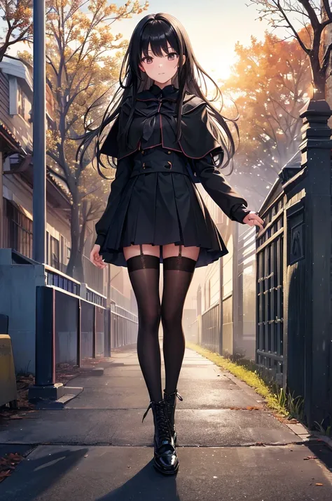 High image quality, high resolution, smooth gradation, vivid colors, a black cloak, a black student uniform, black stockings, black lace-up shoes, black hair, a high school girl, Winter morning, soft morning sun, dry soil, dead trees, school, in front of t...