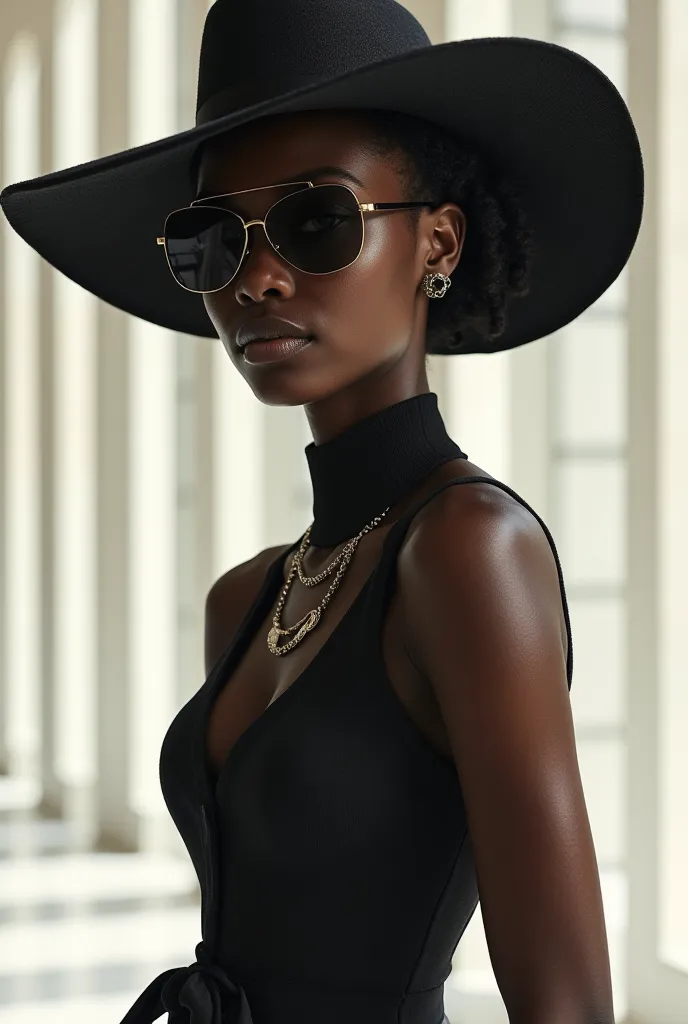 Fashion design work feauturing a (Chanel) female (Nigerian) model wearing minimalist women’s clothing, wearing a big hat and Chanel sunglasses, shot in a Bauhaus buiding with bright and soft lighting, creative a minimalist and sleek style with a sense of s...