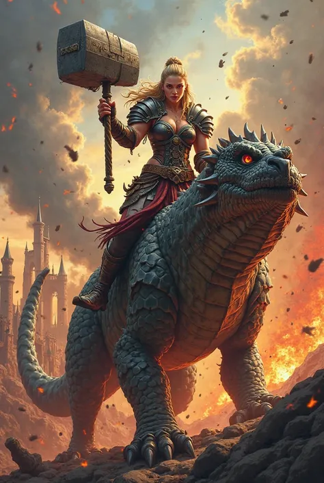 I need you to do a female Berserker dwarf on top of a dragon, with a mediaeval-like background on fire, Cuphead game art style