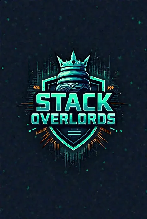 Design a modern, bold logo for the programming contest team "HSTU_StackOverlords" that prominently features the team name in a sleek, futuristic font, integrating subtle coding elements like brackets `{}` or binary code into the text. Include a crown or sh...