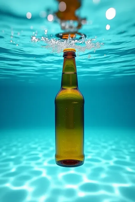 Beer bottle submerged in a pool, The view must be under water.  ultrareal, full, 4k