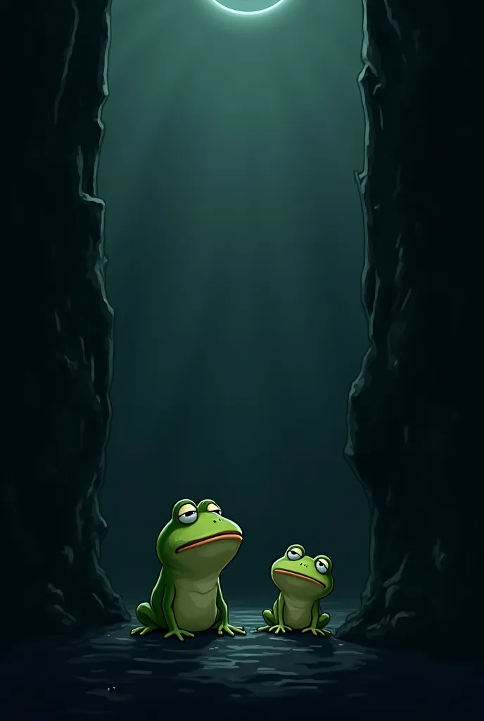 Two frogs fell into a deep pit.**
   - **Prompt**: "Two cartoon-style frogs sitting at the bottom of a deep, dark pit. The pit has tall, rough walls, and the frogs look confused and scared. The environment is gloomy, with a small circle of light visible at...