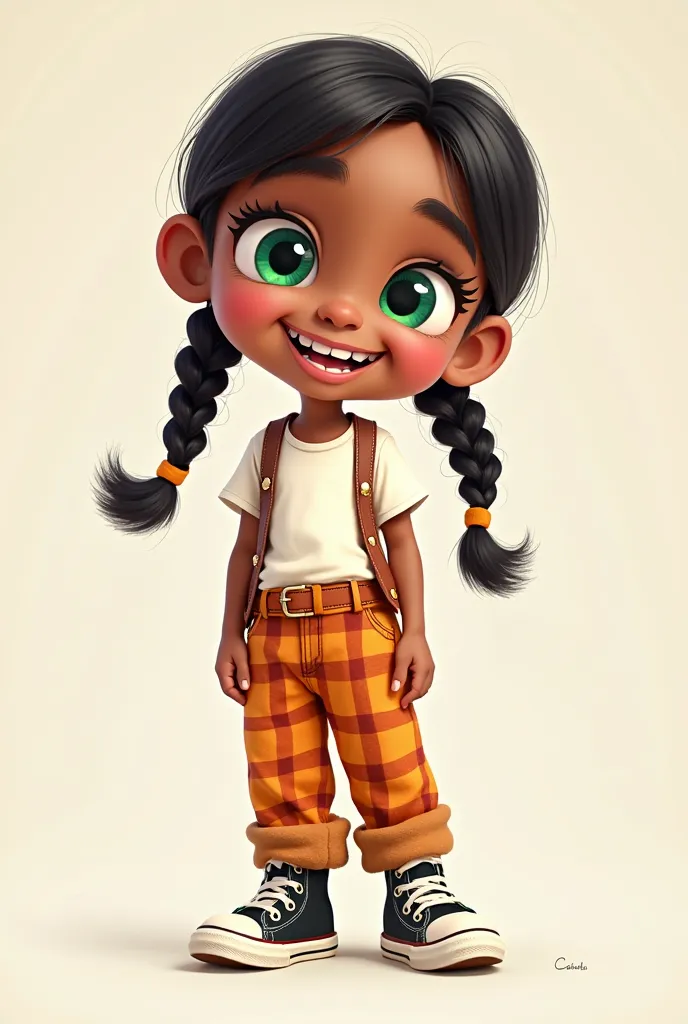 A cartoon of a cheerful girl, age between 5 and s, green eyes, Brown Leather,  black hair with long braids , orange plaid pants and white shirt, Converse black sports shoes.