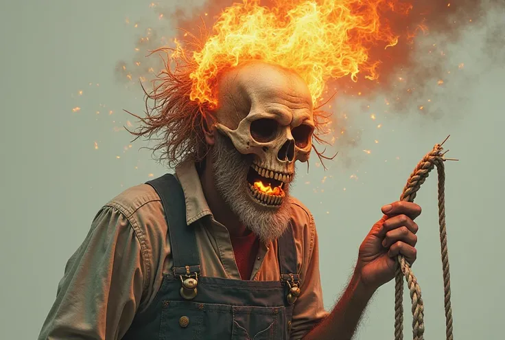 a man, farmer, At, shoes. His hair is burning,  mouth , eyes open. his skeleton and skull light up. He holds a cord. Funny