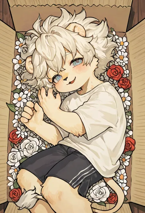 source_ furry， furry male，elementary school students，((boy   )),lion boy ， white hair   ,short hair,masterpiece, newest,absurdres, incredibly absurdres, bright eyes, detailed eyes,short hair, messy hair, blush, laugh, head tilt， is unique , shorts，loose cl...