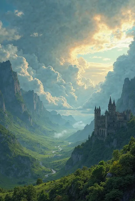 "A breathtaking fantasy landscape featuring a vast green valley with dramatic cliffs, floating clouds, and an ancient, mystical ruined castle bathed in golden sunlight. The sky is filled with deep blue hues and glowing clouds, creating a dreamlike atmosphe...