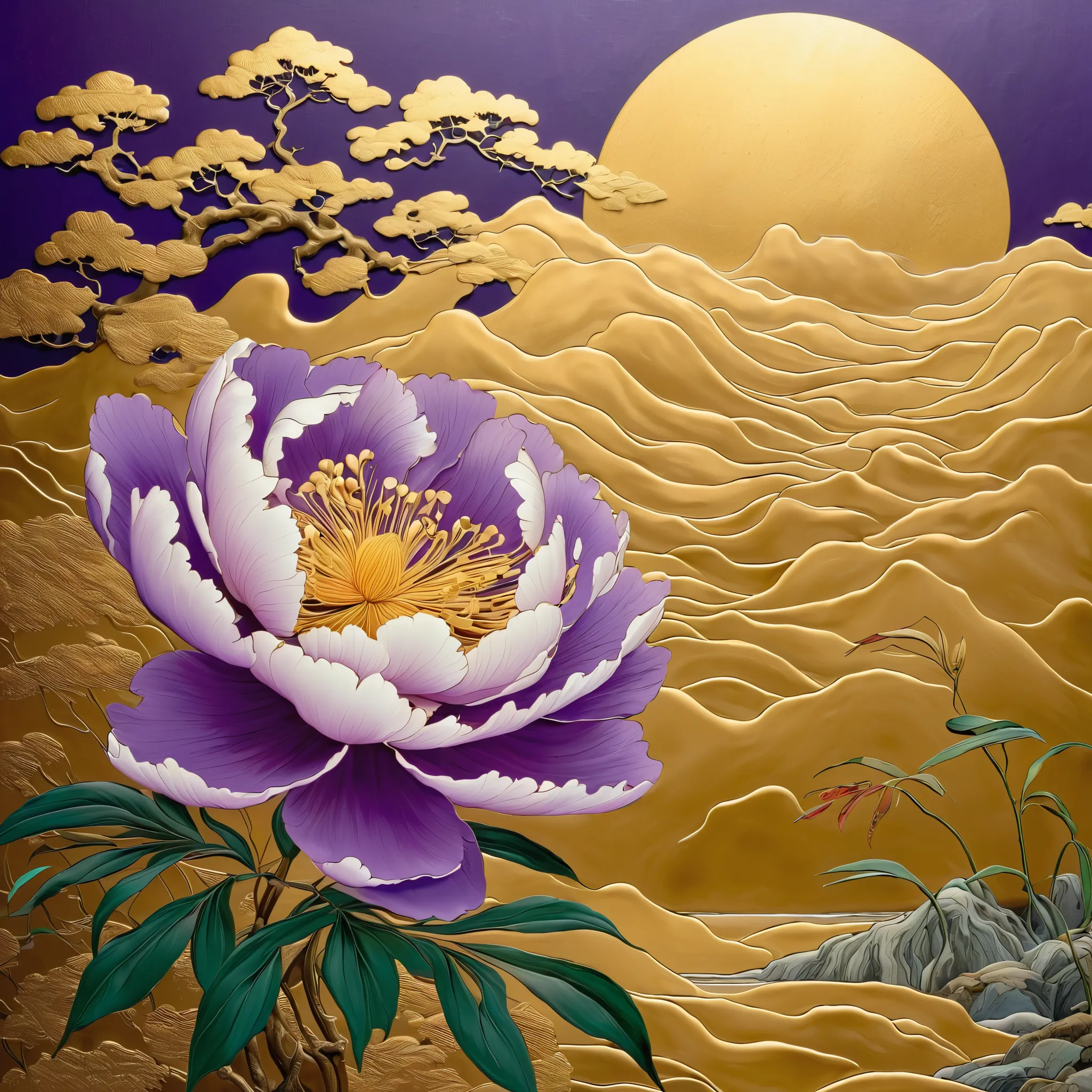 Made using traditional techniques,Japanese painting,Gold mud, watercolor,glitter powder,Shellfish  ,depicting purple flowers,Gold mudに花の絵,Makie style,The folding screen installed in a temple in Kyoto is very beautiful.、painting style that enriches the view...