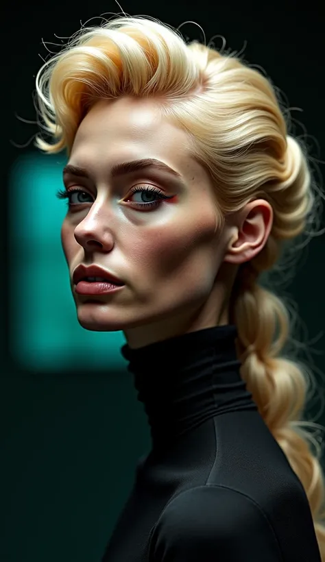 ultra realistic middle shot of a luxury hairstyle model with unique luxury hairstyle, blonde almost gold color of hair, cinematic lighting, black and white studio with little bit of a turquoise lighting, detailed, ultra good looking skin, texture, depth,