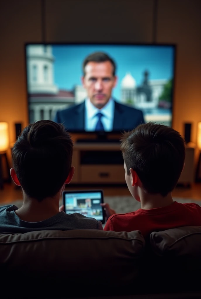 Photo of parents watching the news on TV, while their  is surfing social networks