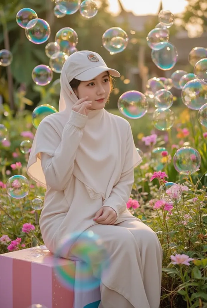 Muslim girl wearing a baseball cap is sitting on a colorful candy box in a flower garden playing with water  big bubbles, you can see lots of water  big bubbles flying around. cool.sunset