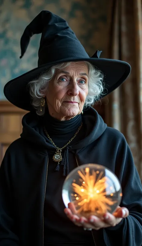 Create an 80-year-old woman similar to Minerva, dark blue left eye , Black Right Eye ,  white hair, White skin wearing witch's clothing witch's hat ,  is in the director's office (a) with crystal ball in hand and in crystal ball name umair