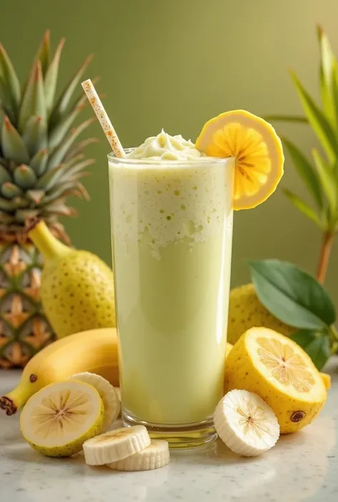 An enticing soursop and banana smoothie is a perfect tropical treat. The smoothie has a creamy texture, with the pale green of the soursop blending beautifully with the soft yellow of the banana. Its consistency is smooth, rich, and velvety, offering a ref...