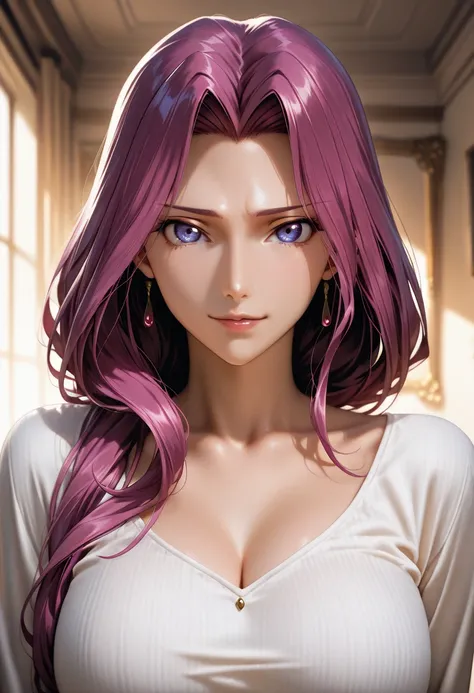 masterpiece, best quality, vibrant, very aesthetic, high contrast, photorealistic portrait,beautiful detailed face,detailed texture,detailed skin, newest,BREAK 1girl, Code Geass ,source_ Code Geass,Cornelia li Britannia,shirt,room