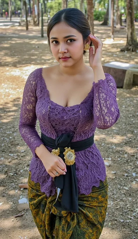 shot with Nikon D70, indonesian lady 18 years old, brown skin, pale face, wear traditional crown, natural, no make up, detailed on face, bun hairstyle, visible breastline, wear purple velvet batik kebaya, wear dark green black shawl shoulder, javanese velv...