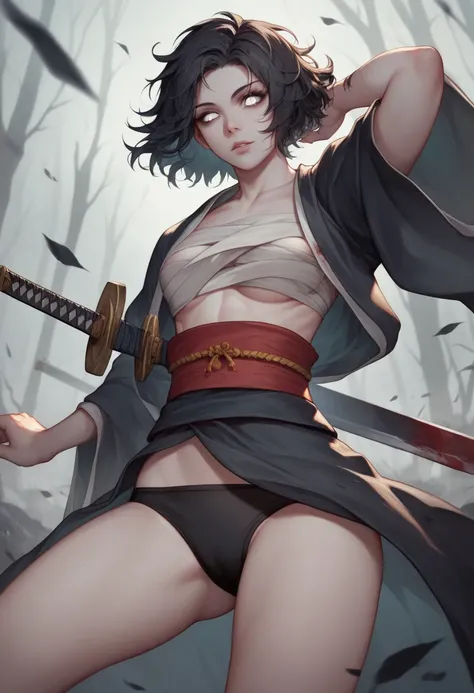 score_9, score_8_up, score_7_up, (Masterpiece, ultra detailed, high resolution:1.2, sharp line), 1girl, solo, (Rin yamaoka), dead by daylight, pale skin, No black eyes, White eyes only, black short hair, disheveled hair, Black bandage underwear, Japanese s...