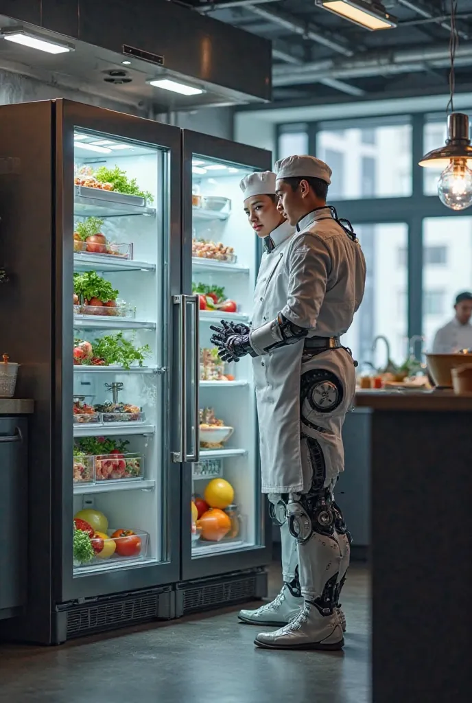 I want a chef next to a robot, behind them a two-door refrigerator with a glass front, and a productive kitchen.