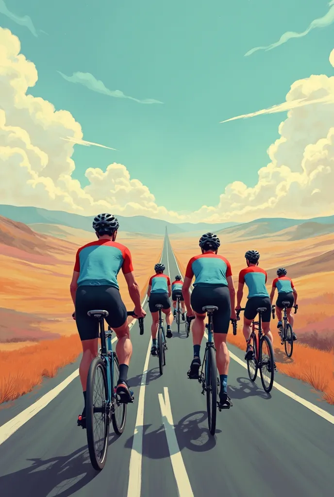 Image of several cyclists with their backs pedaling towards the horizon