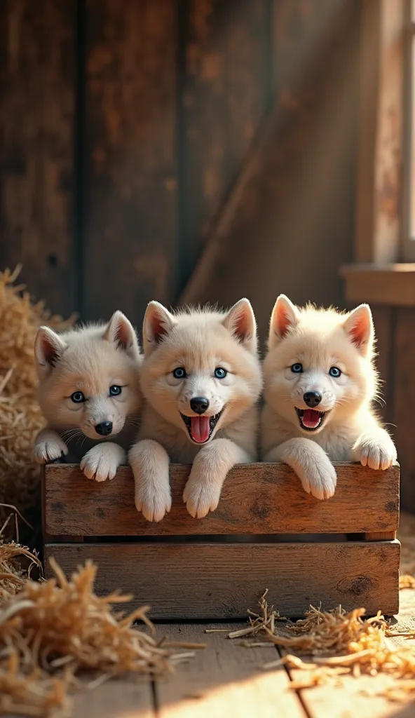 **"Three cute and ultra-realistic wolf pups inside a rustic wooden crate, cozy and curious, with soft and detailed coat . Their bright eyes reflect the soft light of the environment, transmitting sweetness and curiosity. One of them supports the paws on th...